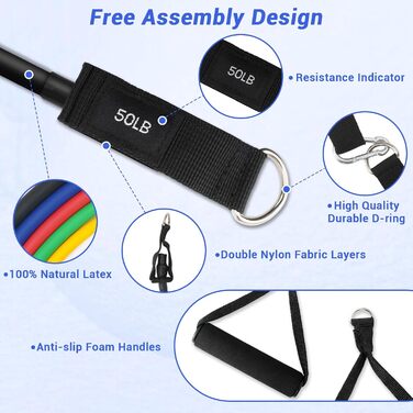 Набір еластичних стрічок для фітнесу з дверними фіксаторами, ручками та сумкою. 5 рівнів опору, для дому, силових тренувань, пілатесу, йоги
