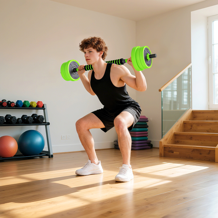 Набір гантелей 4-в-1: 20 кг, регульовані штанги, гантелі та гирі, ручки для віджимань, колір - зелений