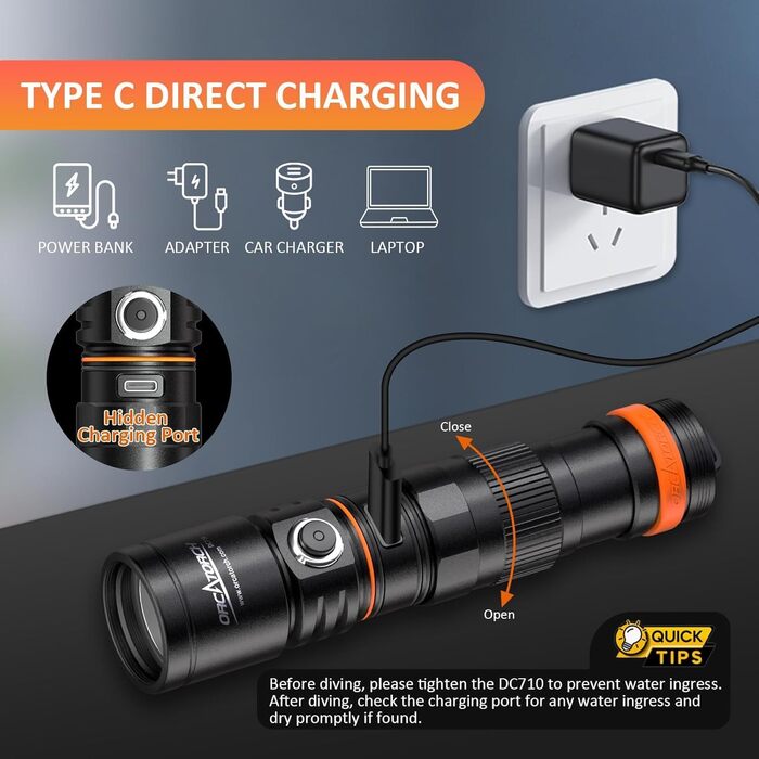 Ліхтар під водою ORCATORCH DC710 LED 3000 люмен, USB-C, IP68, 150м, чорний