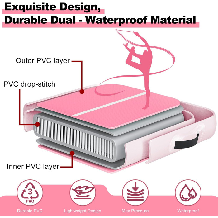 Гімнастичний надувний мат (килимок) 2м/3м/4м/5м/6м, 10см, для фітнесу, йоги, танців, рожевий, з насосом, для дому