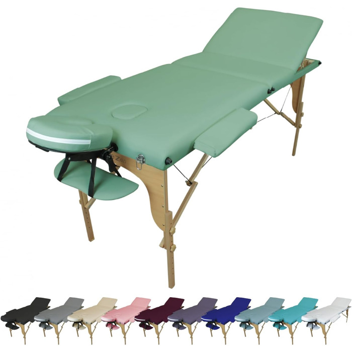 Розкладний масажний стіл Vivezen з 3 зонами, дерев'яний з Reiki-панеллю, аксесуари та сумка, пастельно-зелений
