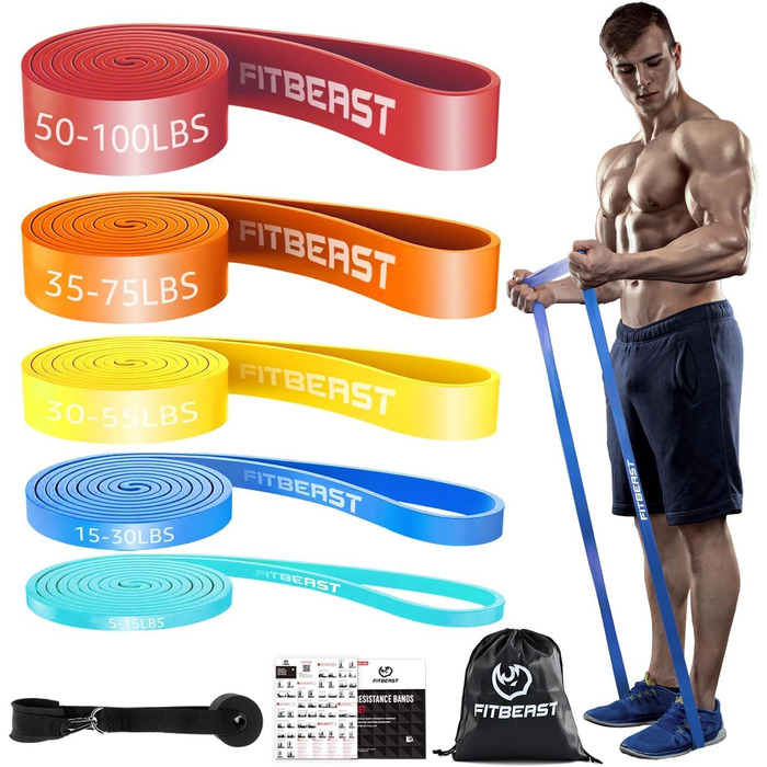FitBeast Резистентні гумки для фітнесу, набір 5 рівнів, для силових тренувань, кросфіту, розвитку м'язів, домашніх тренувань, мобільності та розтяжки (багатобарвні, 5-100 lbs)