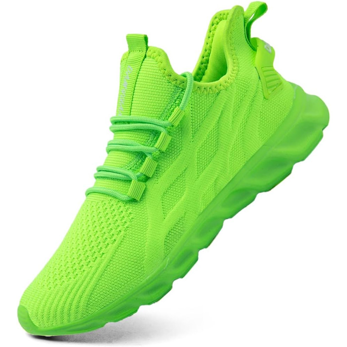 Чоловічі кросівки Linenghs для бігу, занять спортом та прогулянок. Легкі, дихаючі, чорні, з акцентами флуоресцентного зеленого (40 EU)