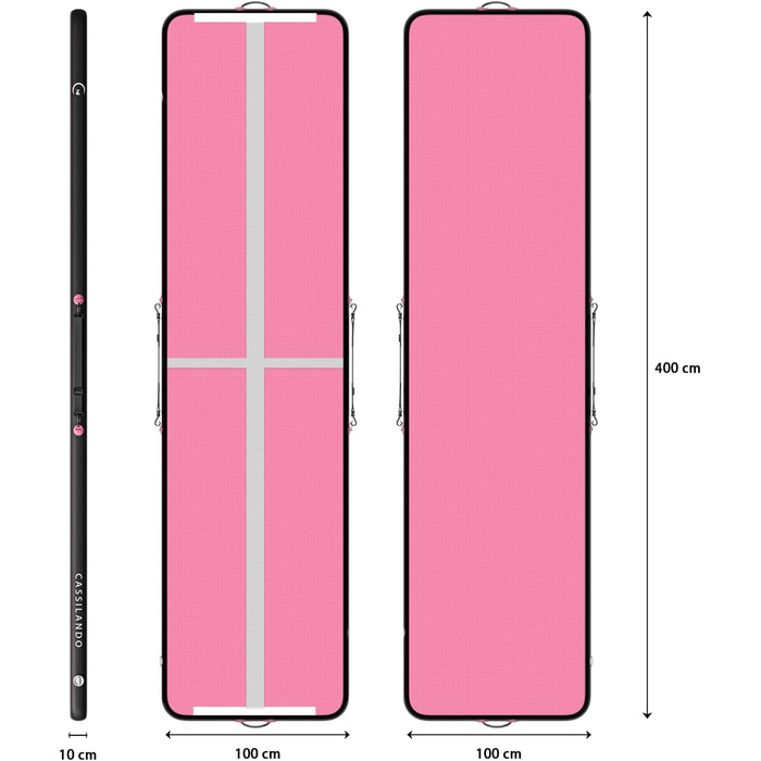 Гимнастичний надувний мат Airtrack CASSILANDO для тамблінгу та йоги, матовий, 400 x 100 x 10 см (Рожевий/Чорний) з насосом