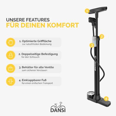 Насос для велосипеда DANSI Stand-Fahrradpumpe - універсальний з манометром та адаптерами | Підходить для мотоцикла, електровелосипеда, авто та спортивного інвентарю