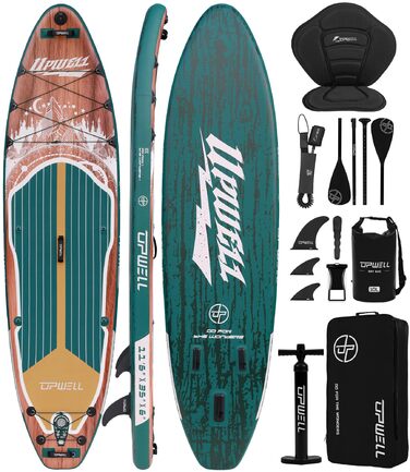 SUP-дошка Upwell 350x89 см, надувна, з сидінням, 2+1, для дорослих та підлітків, Sequoia Green - комплект з рюкзаком, веслом, лішем та помпою