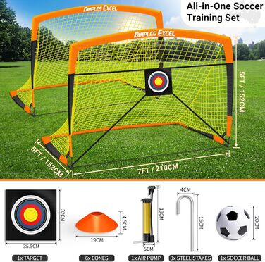 Ворота для футболу Dimples Excel Pop-Up – розкладні для дітей | 1 або 2 шт. в розмірах 120x90 / 152x110 / 213x152 см | 3 кольори на вибір | Опційно з м'ячем, насосом, конусами та мішенню | Для саду та подарунка (2-213x152 помаранчевий+аксесуари)