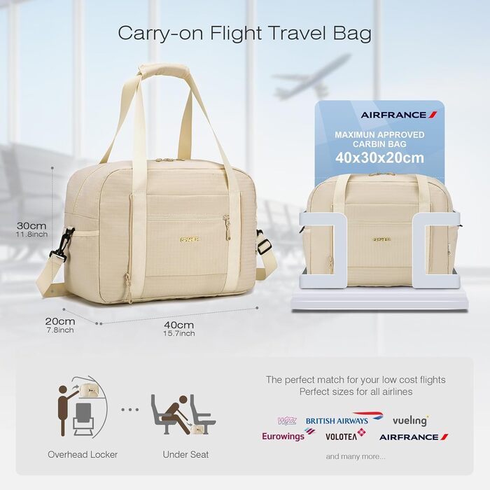 Спортивна сумка-рюкзак для ручної поклажі Wizzair/Vueling 40x30x20, водонепроникна, для подорожей, фітнесу (Бежевий+чорний)