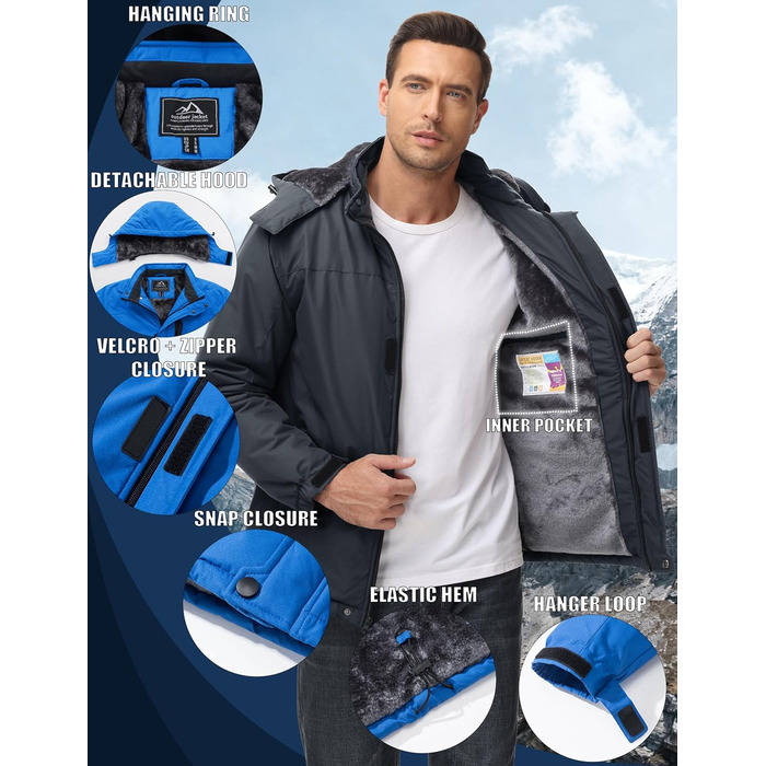 Чоловіча зимова куртка MAGCOMSEN, водонепроникна, з флісовою підкладкою, вітрозахисна, для туризму та активного відпочинку, знімний капюшон (L, темно-сірий)