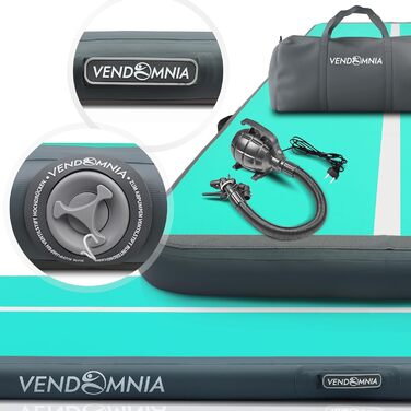 Гімнастичний надувний мат VENDOMNIA Airtrack 300x100x20 см, м'ятно-сірий, з електричною помпою та сумкою, для фітнесу, йоги, спорту, тренувань