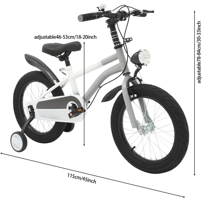 Дитячий велосипед 16 дюймів для дітей 5-8 років, регульований за висотою, з підставками та LED-ліхтариками, сірий