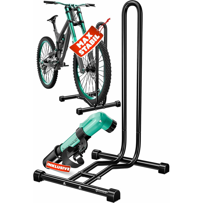 Підставка для велосипеда KESSER® для гірського, електро-, та міського велосипеда, шосе, MTB | Рейс-станд | Самостійна підставка для велосипеда, залізна | Ширина шини до 65 мм | Включає повітряний насос, чорний, 1 шт.