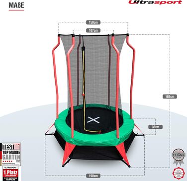 Батут Ultrasport Uni-Jump для дітей: Ø 140/183/244/305/366/460 см, до 150 кг, комплект з сіткою, захистом та монтажним набором
