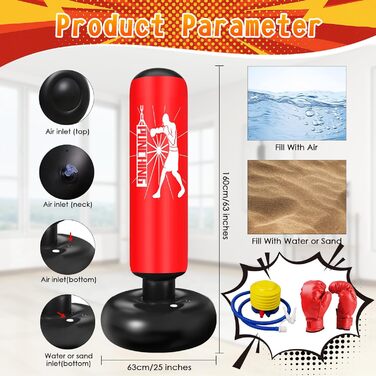 Груша боксерська дитяча Ninonly 160 см з рукавичками та насосом. Стійка груша для боксу в приміщенні, на вулиці, в спортзал для хлопчиків та дівчаток. Червоний колір.