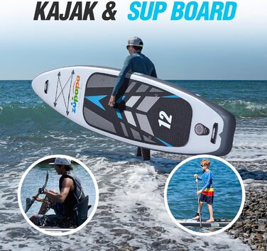 Надувне SUP-борд Zupapa 366см/320см (12ft) з аксесуарами | Stand Up Paddle Board з сидінням для каяка | Чорно-біло-сірий комплект