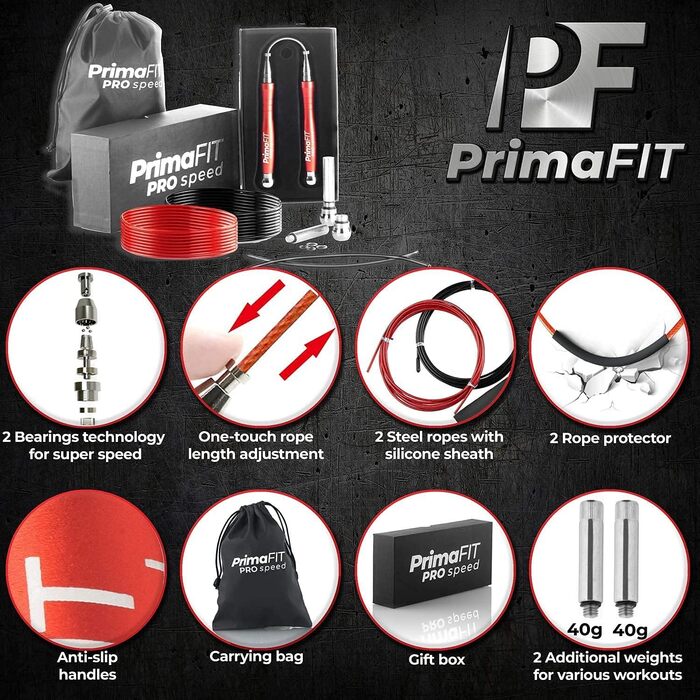 Скакалка PrimaFIT для дорослих 3м, регульована з обважнювачами, 2 підшипники, антиковзні ручки, сталева мотузка, для боксу, MMA, кросфіту, з чохлом, червона