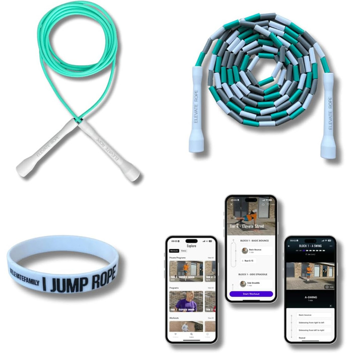 Набір скакалок Elevate Rope: 2 шт. з регулюванням, додаток для тренувань, для дорослих та дітей, швидкісні та з перлинками, для занять в приміщенні та на вулиці (блакитний)