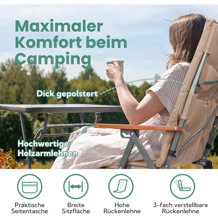 Розкладний крісло для кемпінгу Homecall 50 кг, висока спинка, 3 положення, м'яке, для риболовлі, саду, балкону, автодому (Хакі)