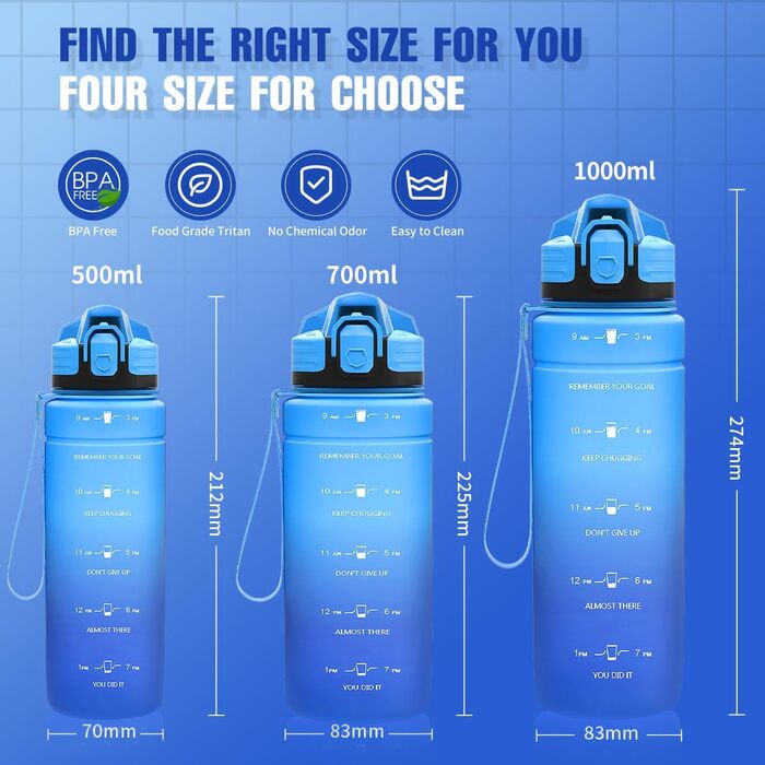 Спортивна пляшка для води Tritan 1л/500мл/700мл/1500мл, BPA-free, з маркуванням часу, витокозахисна, для фітнесу, велосипеда, відпочинку, йоги, спортзалу, школи (темно-зелений, темно-синій, світло-блакитний, блакитний)