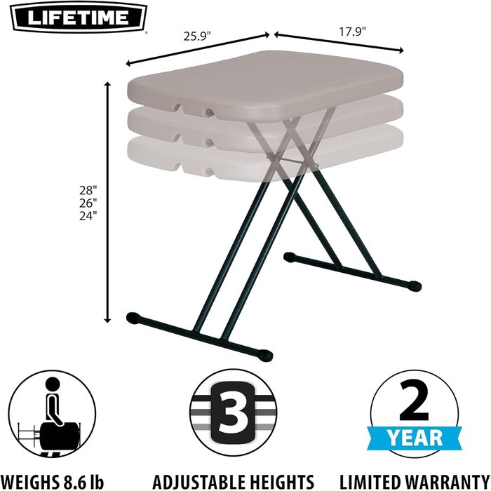 Складний приставний столик Lifetime 92210: портативний столик 75x50.5x66 см з ручкою для транспортування, міцний та легкий (чорний пісок/сірий)
