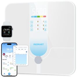 Інсмарт Розумна вага з великим дисплеєм, 227 кг/500 фунтів, аналіз складу тіла, Bluetooth, APP, 18 показників (BMI, вага, жир, м'язи, пульс), біло-помаранчевий/блакитний колір