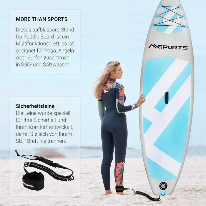 Надувна SUP-дошка MSPORTS з аксесуарами: регульоване весло, якісний насос, 2 веслових стрижні, водонепроникний чохол для смартфона, багатофункціональна сумка, сіро-синя