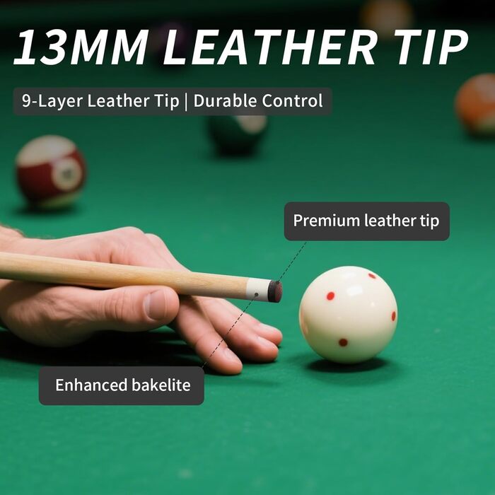 AKLOT Більярдний кий 58' - канадський клен, 13 мм шкіряна вершина, 3D ручка, преміум якість, для професійних гравців, чорний (540г)