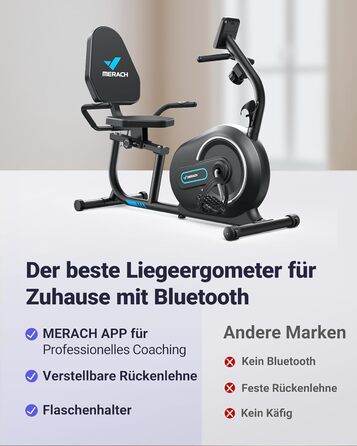 Велотренажер MERACH для дому, 8 рівнів навантаження, Bluetooth, додаток, LCD-дисплей, датчики пульсу, регульована спинка, чорний