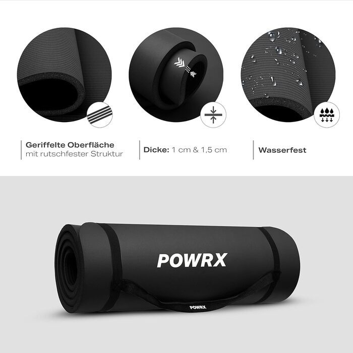 Килимок для йоги, гімнастики та пілатесу POWRX - чорний, 190 x 100 x 1.5 см, з чохлом та інструкцією