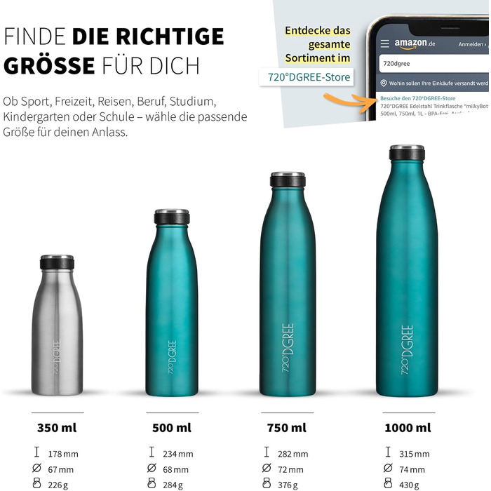 Термос-термобутилка 720°DGREE milkyBottle 750 мл, нержавіюча сталь, без BPA, герметична, для газованих напоїв, спорту, школи, фітнесу, кемпінгу, синя