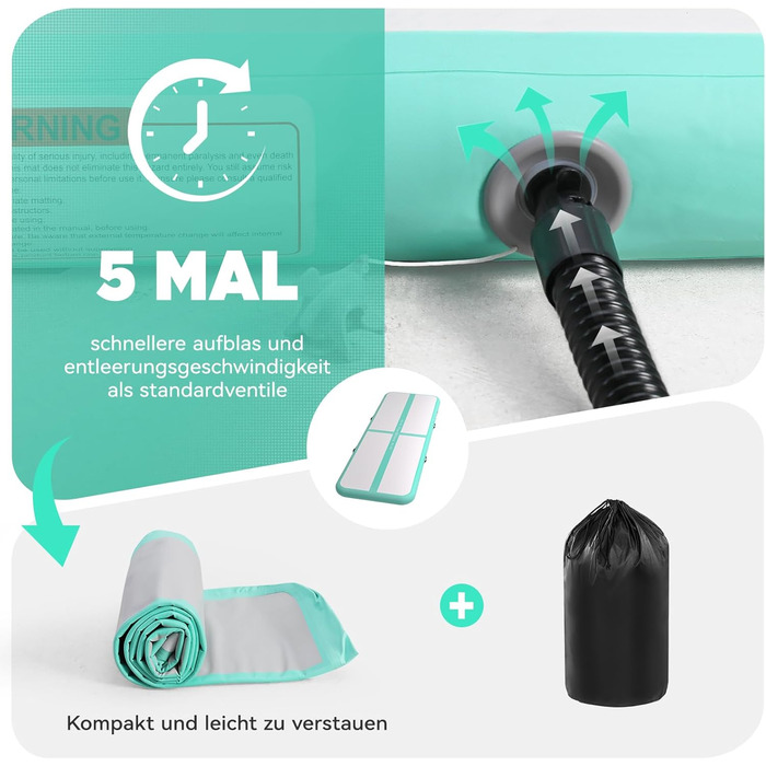 Мата Airtrack Matte для гімнастики, йоги та тренувань: довжина 2/3/4/5/6м, товщина 10/15см, з електричним насосом 600W, зелена