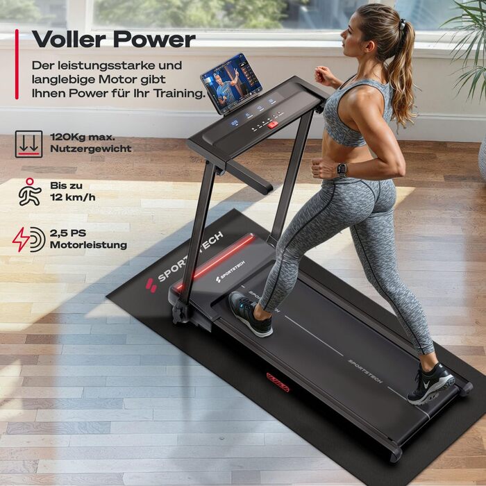 Біговий тренажер Sportstech sProRun: складаний, до 12 км/год, 120 кг, Bluetooth, LED, нахил 11,5%, підставка для планшета, чорний