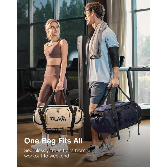 Спортивна сумка-рюкзак Tolaccea для чоловіків та жінок – велика дорожня сумка з відділенням для взуття, мокрою білизною та ноутбуком (15,6') – водонепроникна сумка-мішок для відпочинку, фітнесу, спорту та подорожей (Темно-синій, 40L)