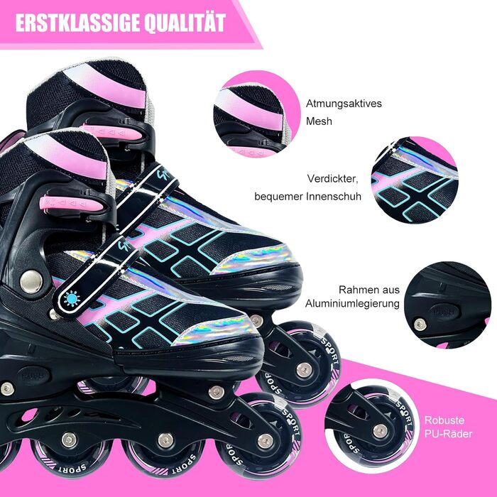 Роликові ковзани для дітей, регульовані, чорно-рожеві, 36-39 EU/240-270 mm