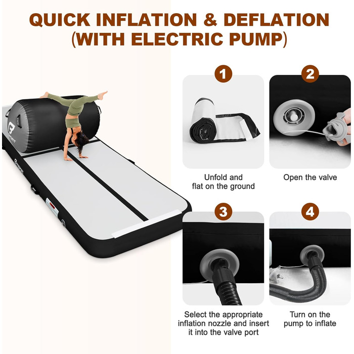 FBSPORT Килимок для гімнастики та йоги надувний, 400x100x10 см, з ролею, чорно-сірий