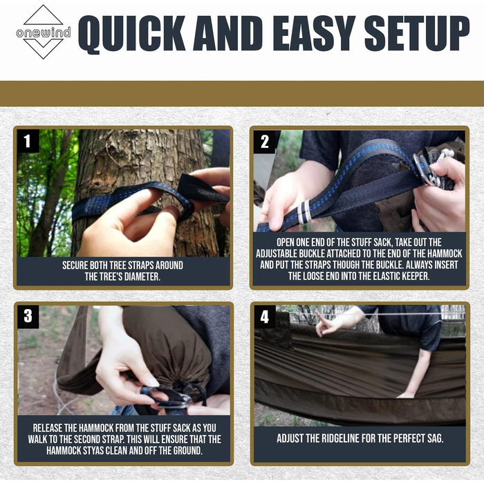 Гамак туристичний Onewind Premium 11' з москітною сіткою та ременями для кріплення, 335x162 см, коричневий