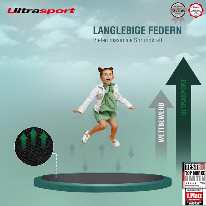 Трамплін Ultrasport Deluxe: Ø 244/305/366/430 см, сертифікований TÜV Rheinland, повний комплект, круглий для саду, з м'якими стійками, сіткою безпеки та захисним бордюром
