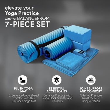 Набір для йоги BalanceFrom GoYoga 7 в 1: килимок 1/2'' з ременем, 2 блоки, рушник для килимка, рушник для рук, ремінь, наколінник, синій
