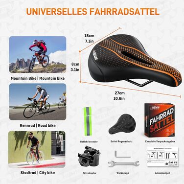 Велосипедне сідло HENMI для чоловіків та жінок: м'яке, комфортне, дихаюче, з амортизацією та ергономічним дизайном. Підходить для гірського, трекінгового та шосейного велосипедів. Гелеве сідло з підвіскою, з візерунком.