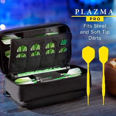 Чохол для дартс Casemaster Plazma Pro на 6 дротиків з м'якими і сталевими вістрями, велика передня кишеня для телефону, вбудовані контейнери для аксесуарів, чорний кант