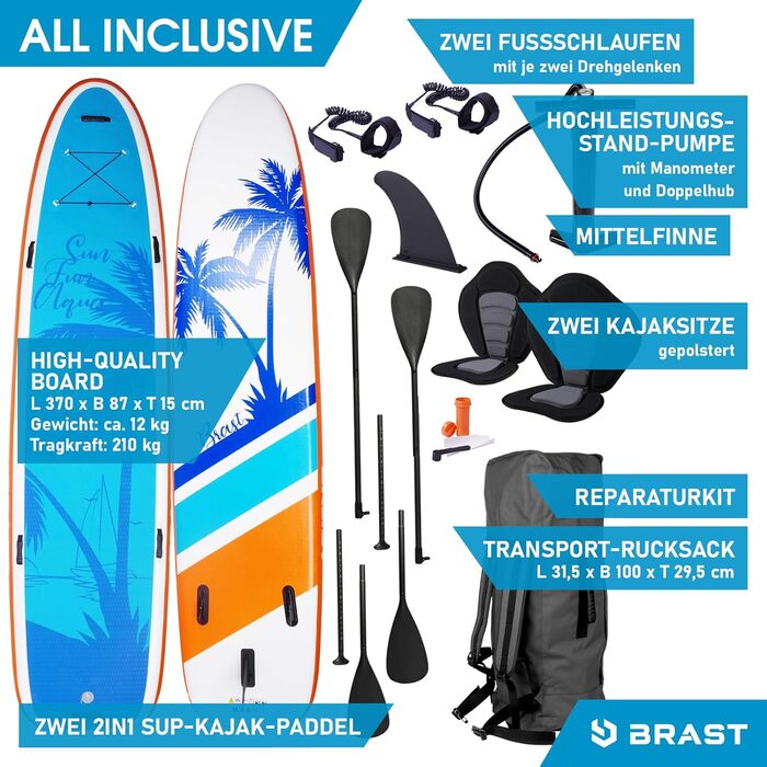 Надувна SUP-дошка BRÄST Family 370x87x15 см, до 210 кг, комплект для сім'ї з 2 веслами, 2 каяк-сидіннями, насосом та рюкзаком