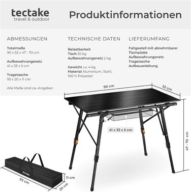 Стіл для кемпінгу Tectake®: розкладний, алюмінієвий, 90x52 см, чорний