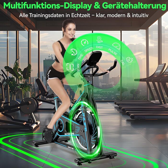 Велотренажер FunLife C1 з Bluetooth та App (FitShow, Kinomap), ремінний привід, плавний регулятор навантаження, регульоване сідло та кермо, до 120 кг, блакитний