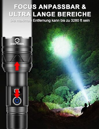 ESGREEN Тактичний ліхтарик LED 1000000 люменів, USB-C, Zoom, 5 режимів, для кемпінгу та безпеки, 32 Вт·год