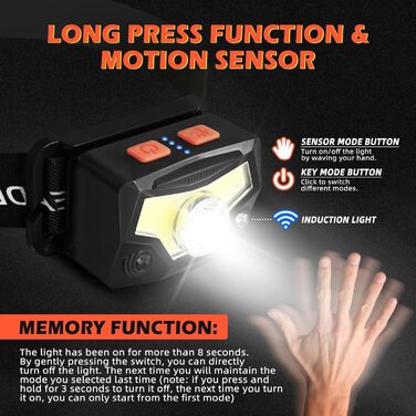 LED налобний ліхтар з акумулятором, 2 шт., 2000 люменів, супер яскравий, сенсор, 14 режимів, водонепроникний, легкий, для риболовлі, бігу, кемпінгу