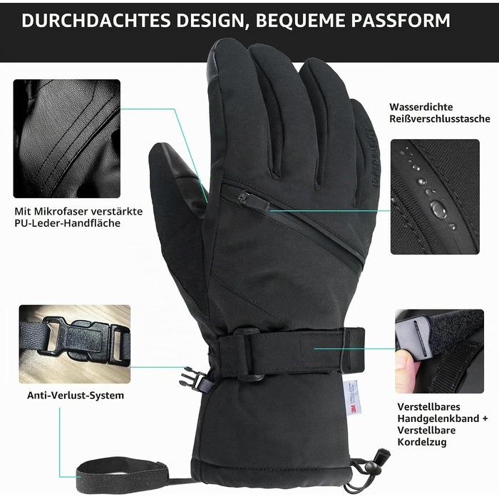 Водонепроникні гірськолижні рукавички Unigear з мембраною 3M Thinsulate, сенсорні (Touchscreen), чорні, унісекс