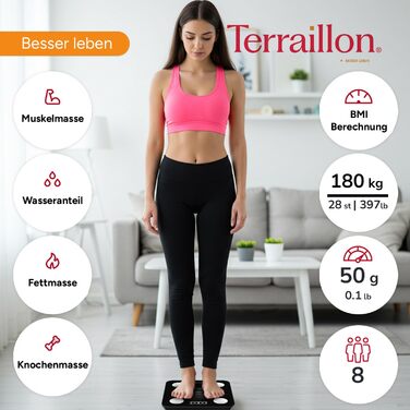 Інтелектуальна вага TERRAILLON WEIGHT CONNECT з Bluetooth, аналіз складу тіла (жир, м'язи, вода, кістки), BMI, ємність 180 кг, шкала 50 г, LED-дисплей, скляна платформа, чорний колір