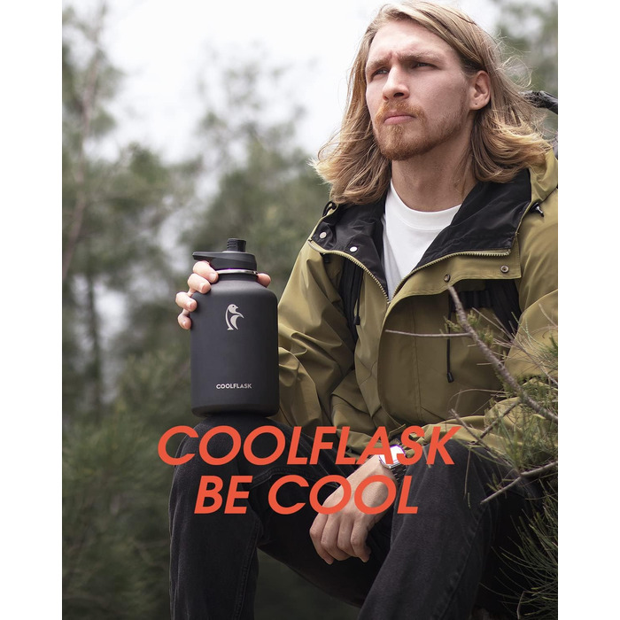 Термос-бутилка Coolflask 2 л з нержавіючої сталі з PU-чохлом, ізольована пляшка для води з кришкою та трубочкою, тримає холод 48 годин і тепло 24 години, чорна Polar