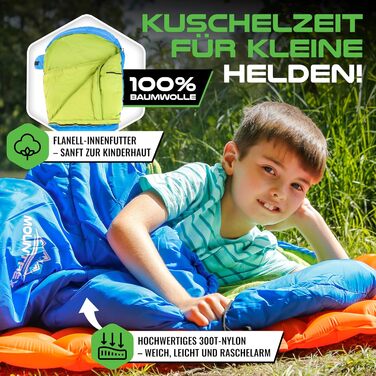 Дитячий спальний мішок MOUNTREX® - зручний та легкий, 175x70x45 см - для подорожей, кемпінгу, відпочинку на природі. 100% бавовна, блакитний/зелений