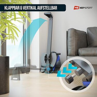 Гребний тренажер Hop-Sport Boost для дому, складаний, магнітна система, комп'ютер, 10 рівнів, підшипникове сидіння, пульсометр, до 120 кг, синій